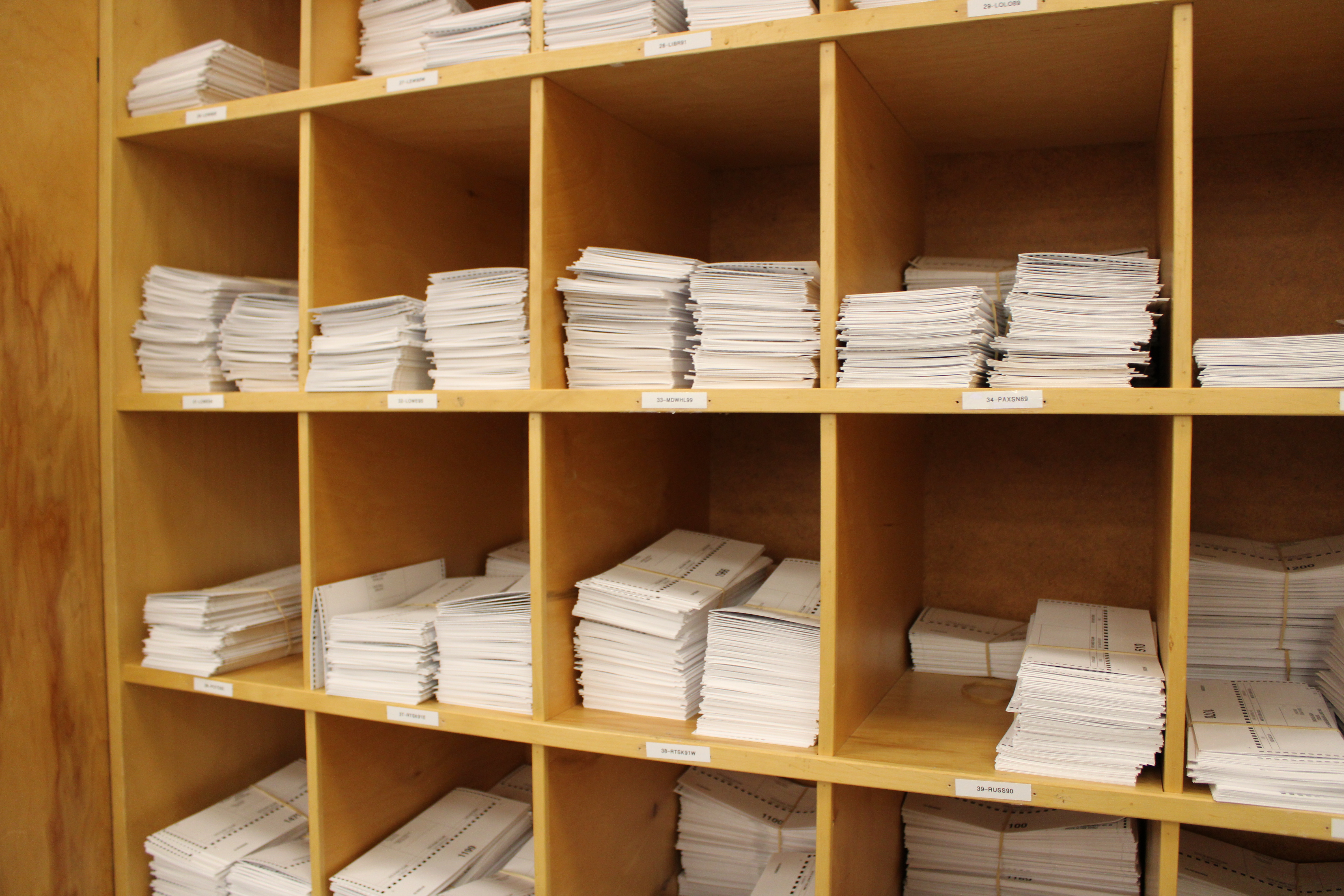 Batched ballots by style in the Elections office