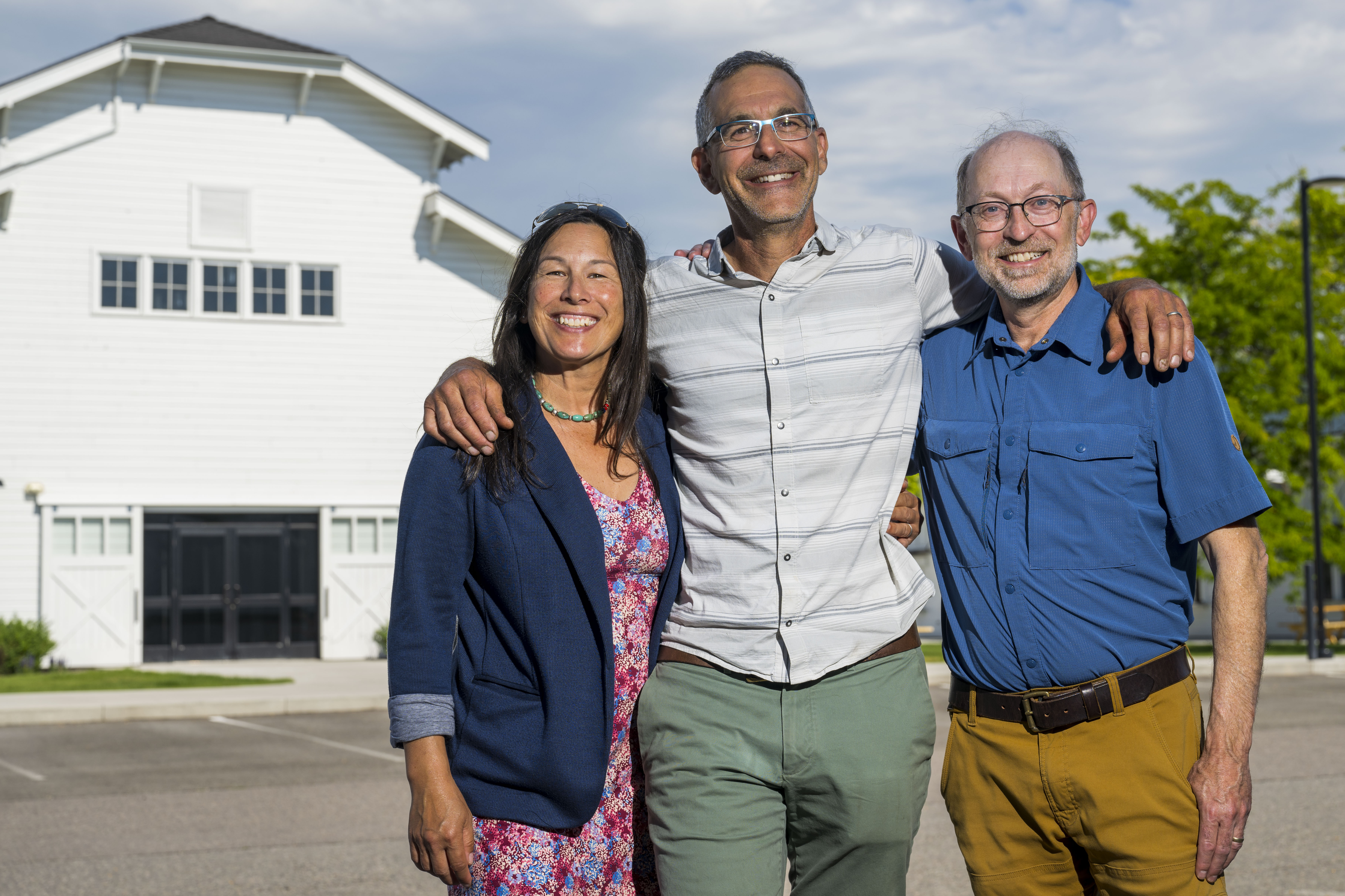 Portrait of commissioners Slotnick, Vero and Strohmaier with the Fairgrounds in the background